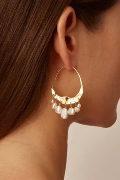 Chan Luu Earrings^Crescent White Pearl And Gold Hoop Earrings