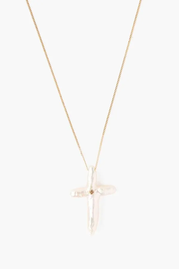 Chan Luu Necklaces^14K White Baroque Pearl Cross And Champagne Diamond Necklace