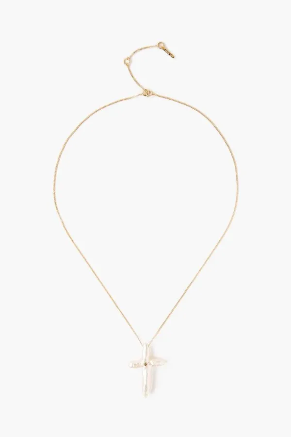 Chan Luu Necklaces^14K White Baroque Pearl Cross And Champagne Diamond Necklace