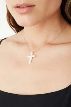 Chan Luu Necklaces^14K White Baroque Pearl Cross And Champagne Diamond Necklace