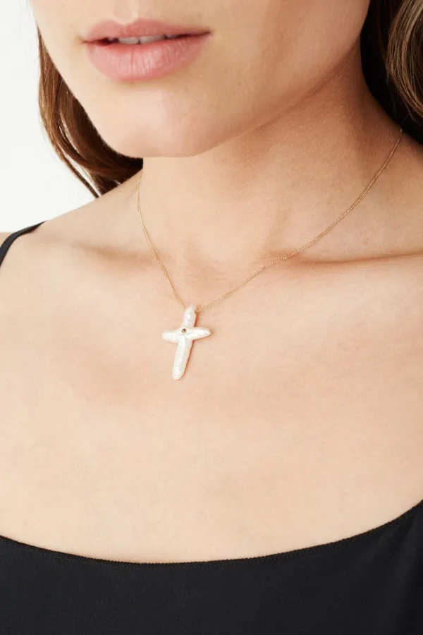 Chan Luu Necklaces^14K White Baroque Pearl Cross And Champagne Diamond Necklace