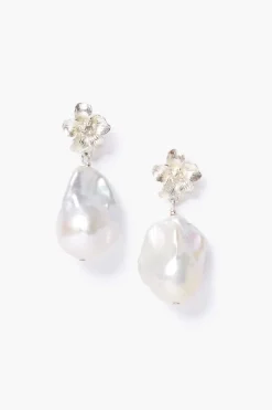 Chan Luu Earrings^Silver Hibiscus Pearl Drop Earrings