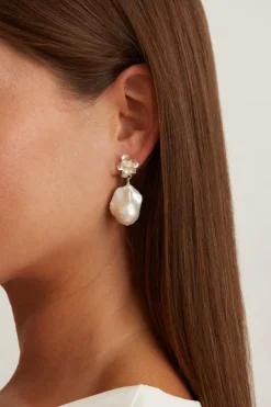 Chan Luu Earrings^Silver Hibiscus Pearl Drop Earrings