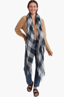 Chan Luu Scarves^Slate Gray And Green Gingham Cashmere And Silk Scarf
